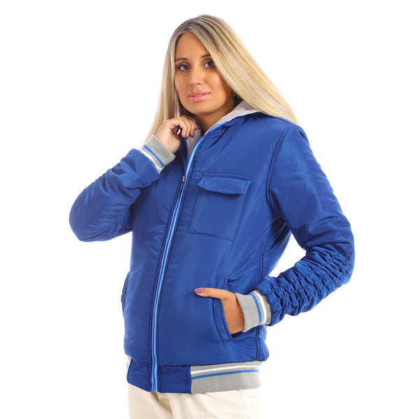 Double Face Polyester Full Sleeves Jacket - Light Grey & Royal Blue