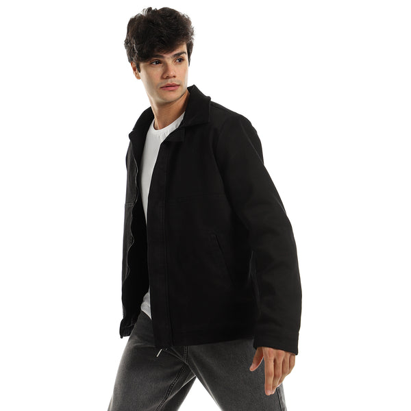Black Elegant Zipped Fleece Jacket with Turn Down Collar