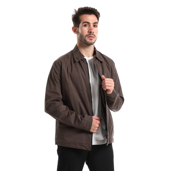 Dark Grey Solid Casual Jacket With Side Pockets