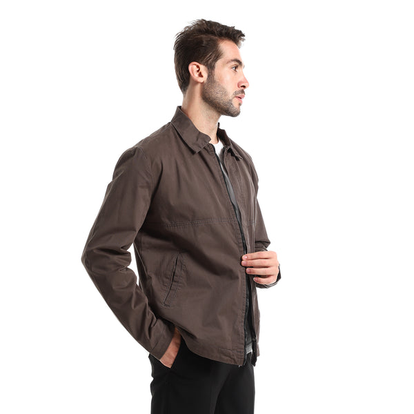 Dark Grey Solid Casual Jacket With Side Pockets