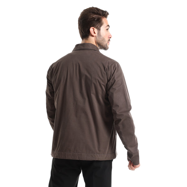 Dark Grey Solid Casual Jacket With Side Pockets