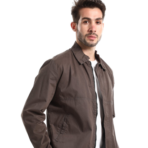 Dark Grey Solid Casual Jacket With Side Pockets