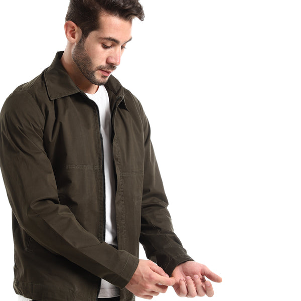 Long Sleeves Jacket With Classic Collar - Dark Olive
