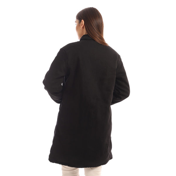 Linen Mandarin Neck Buttoned Solid Jacket - Black