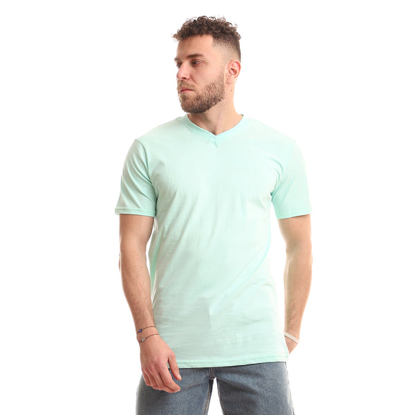 Mint Green V Neck Plain Short Sleeves Slip On Tee