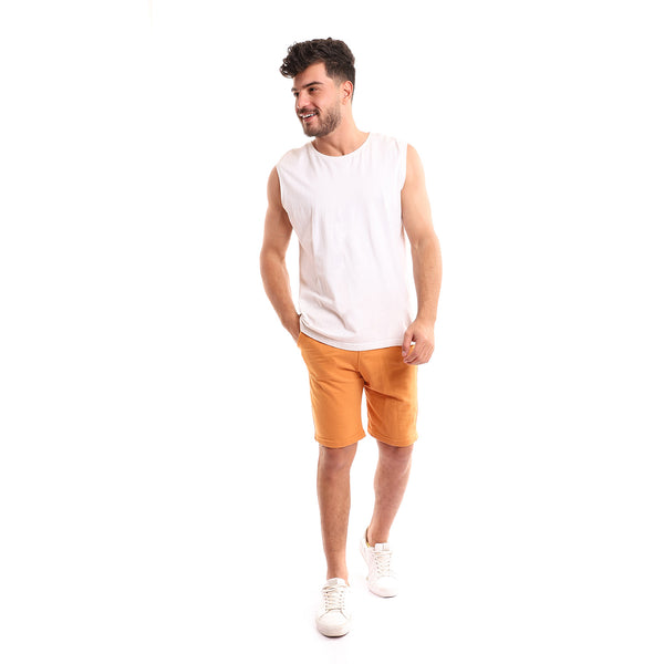 Side Pockets Elastic Waist Plain Cotton Shorts - Tangerine
