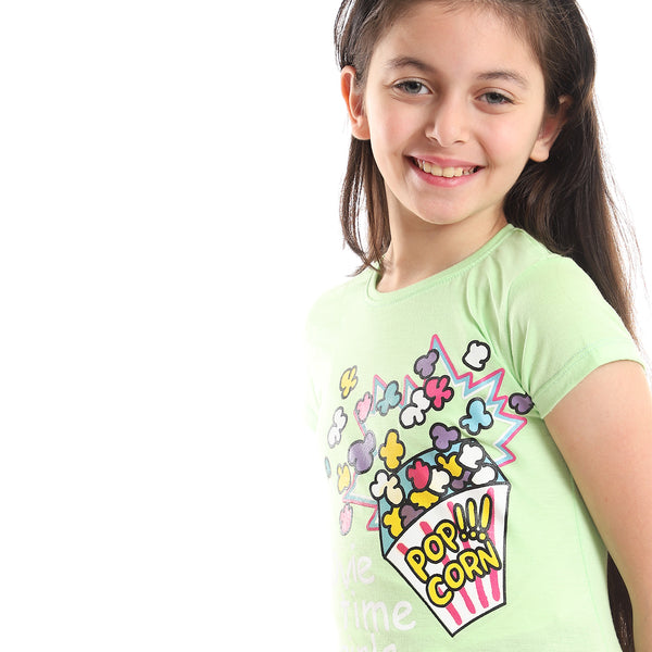 Popcorn Printed Tee - Apple Green, Pink, Yellow, White & Black