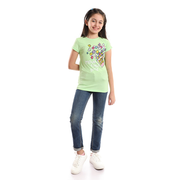 Popcorn Printed Tee - Apple Green, Pink, Yellow, White & Black