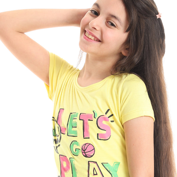 "Let's Go Play" Printed Tee - Yellow, Green & Pink