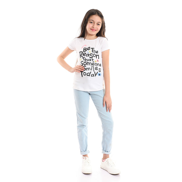 Textured Printed Front Text Tee - White, Black, Pink & Blue