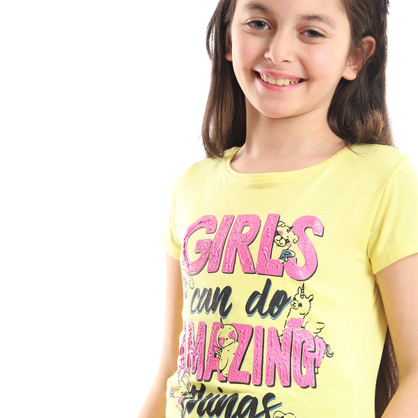 "Girls Can Do Amazing" Textured Print Tee - Yellow, Pink & Black