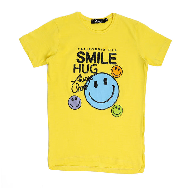 Printed Smiley's Cotton Round T-Shirt - Yellow