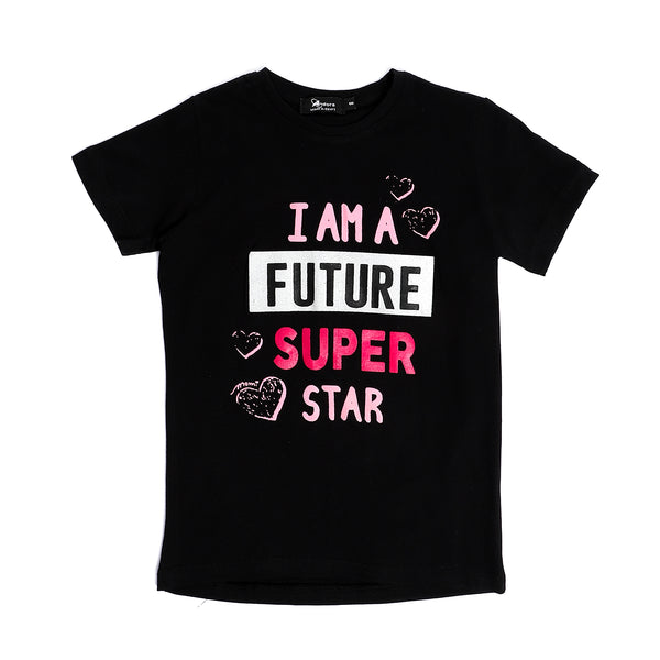 Girls " I am a future super star" Printed Tee - Black
