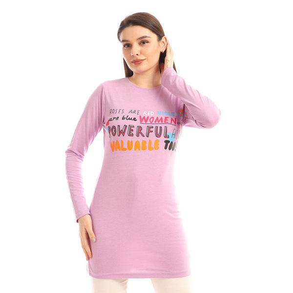 Printed Full Sleeves Cotton T-Shirt - Lilac