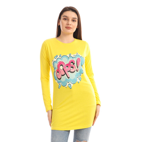 Printed Full Sleeves Cotton T-Shirt - Yellow