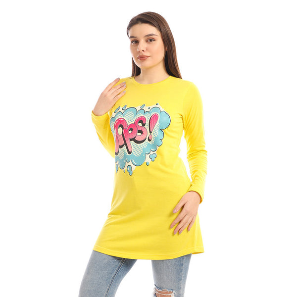 Printed Full Sleeves Cotton T-Shirt - Yellow