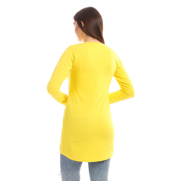 Printed Full Sleeves Cotton T-Shirt - Yellow