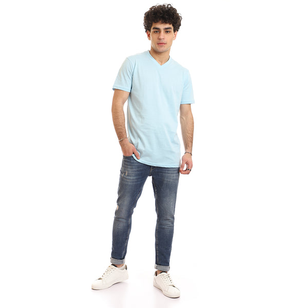 Slip On V Neck Basic T-Shirt - Sky Blue