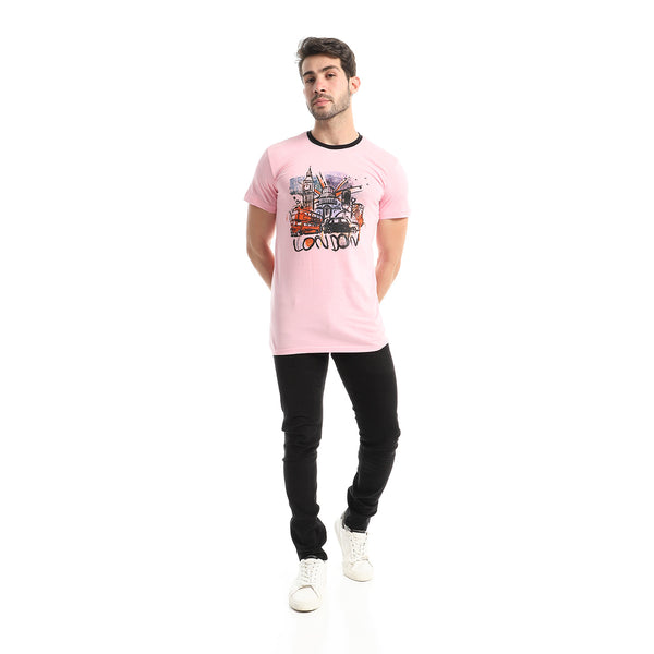 Printed Round Neck Cotton T-Shirt - Pink