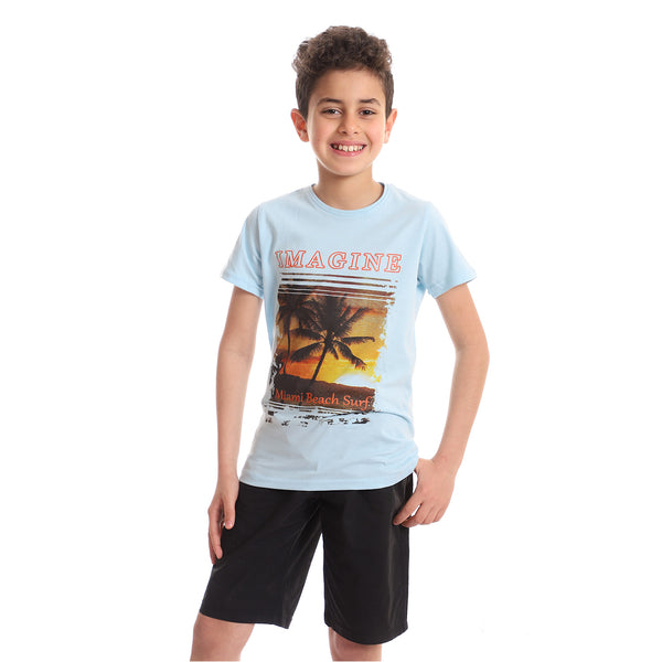 Tropical Sunset Printed Tee - Sky Blue, Orange Shades & Black