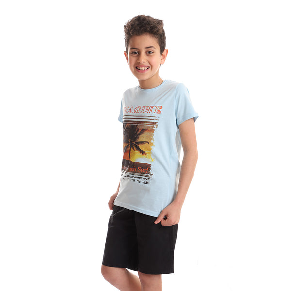 Tropical Sunset Printed Tee - Sky Blue, Orange Shades & Black