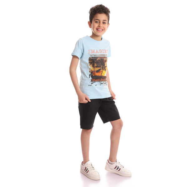 Tropical Sunset Printed Tee - Sky Blue, Orange Shades & Black
