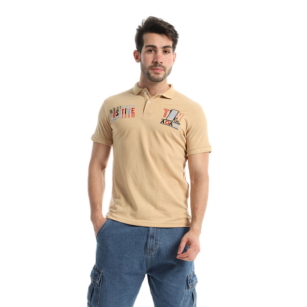 Classic Neck Stitched Cotton Beige Polo Shirt