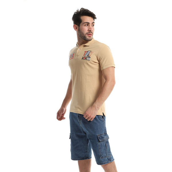 Classic Neck Stitched Cotton Beige Polo Shirt