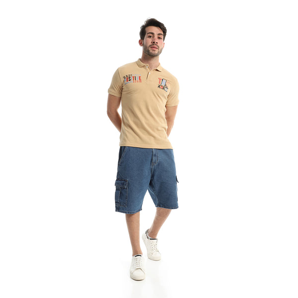 Classic Neck Stitched Cotton Beige Polo Shirt