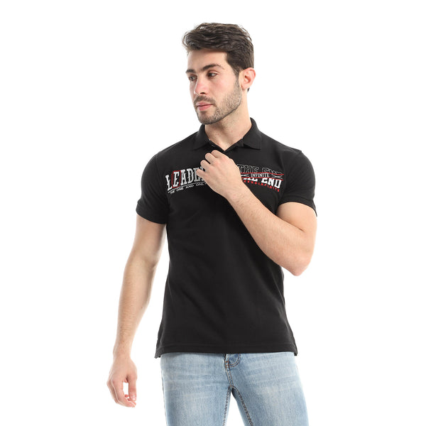Chest Stitched Half Sleeves Polo Shirt - Black