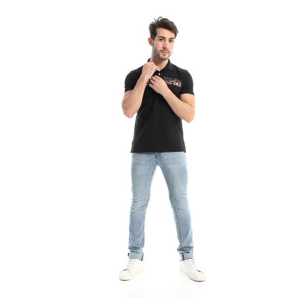 Chest Stitched Half Sleeves Polo Shirt - Black
