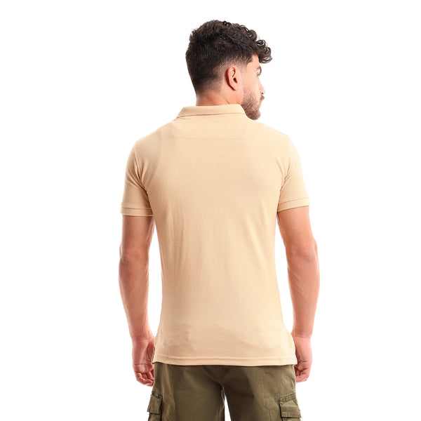 Short Sleeves Hips Length Plain Polo Shirt - Beige