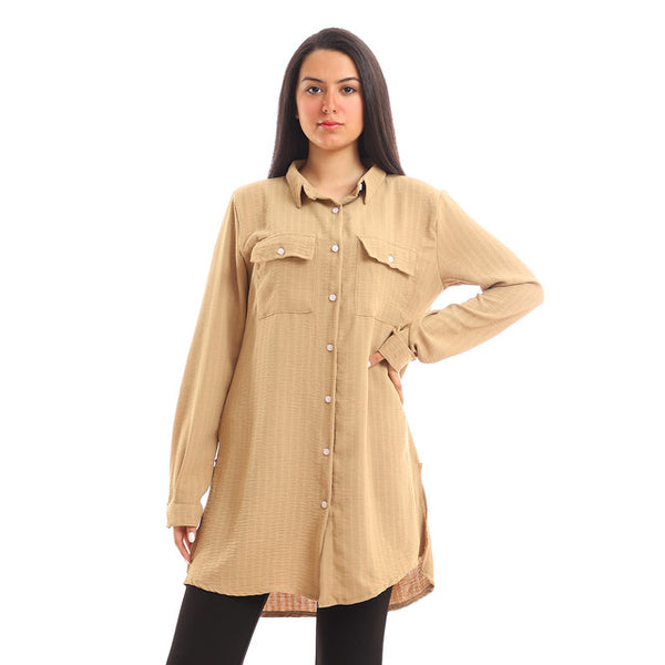 Self Patterned Button Down Shirt with Pockets - Dark Beige