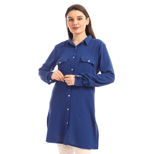 Chest Flap Pockets Solid Buttoned Shirt - Royal Blue