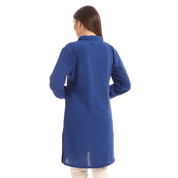 Chest Flap Pockets Solid Buttoned Shirt - Royal Blue