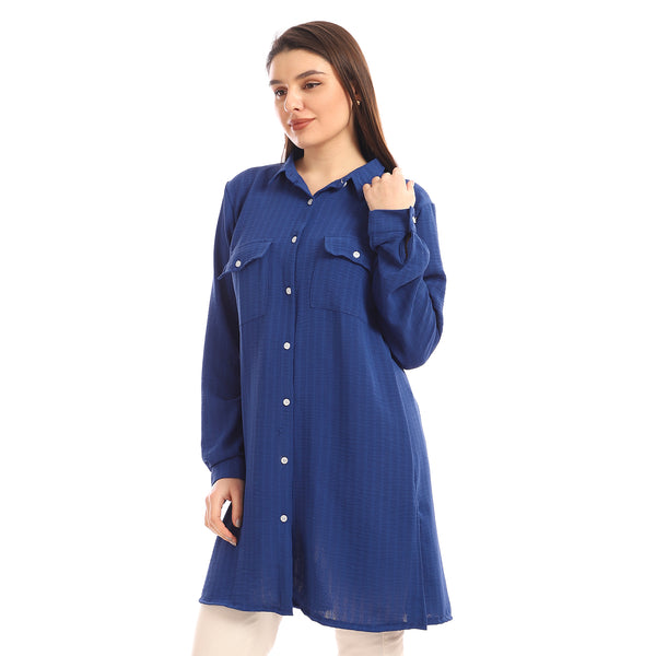 Chest Flap Pockets Solid Buttoned Shirt - Royal Blue