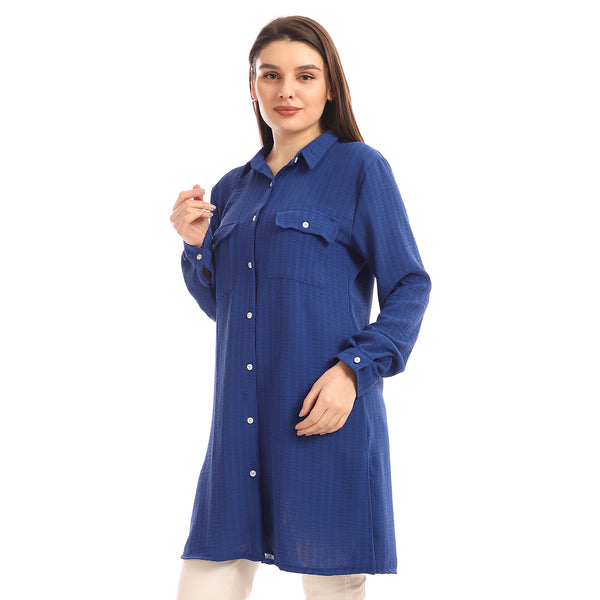 Chest Flap Pockets Solid Buttoned Shirt - Royal Blue