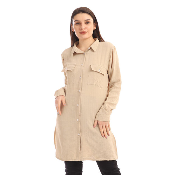 Chest Flap Pockets Solid Buttoned Shirt - Light Beige