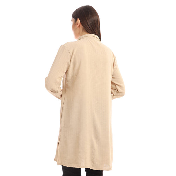 Chest Flap Pockets Solid Buttoned Shirt - Light Beige