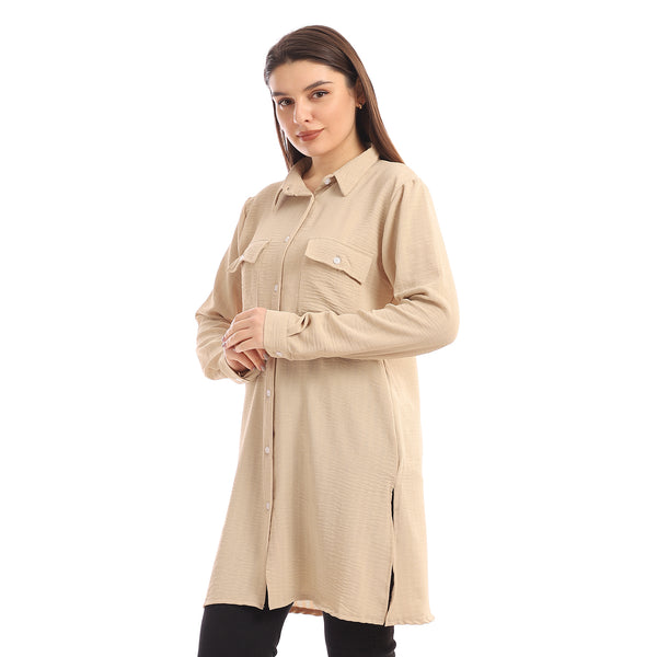 Chest Flap Pockets Solid Buttoned Shirt - Light Beige