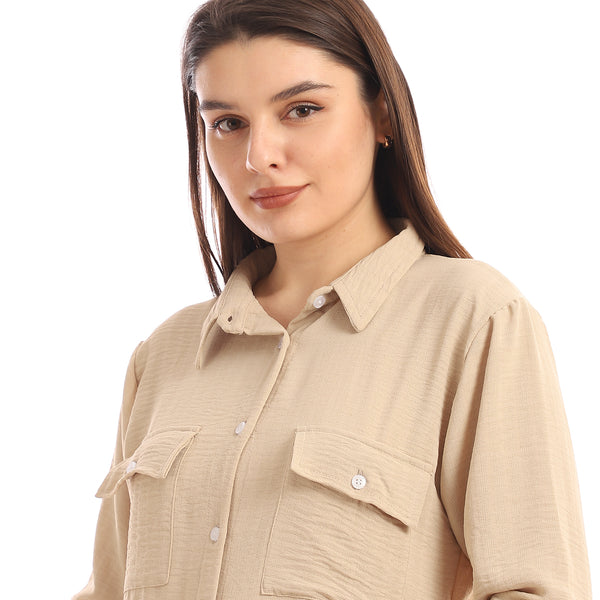 Chest Flap Pockets Solid Buttoned Shirt - Light Beige