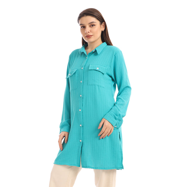Chest Flap Pockets Solid Buttoned Shirt - Turquoise