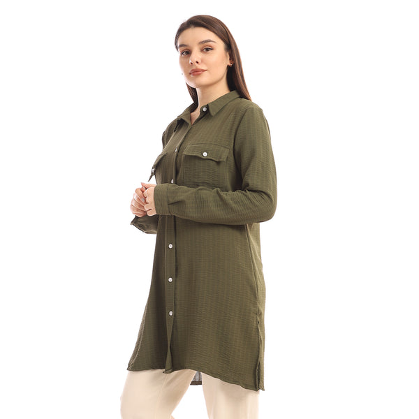 Chest Flap Pockets Solid Buttoned Shirt - Olive