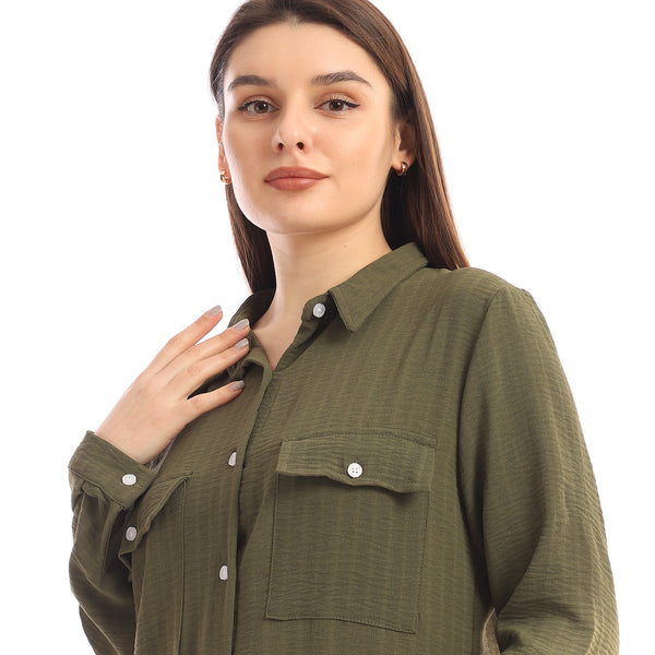 Chest Flap Pockets Solid Buttoned Shirt - Olive