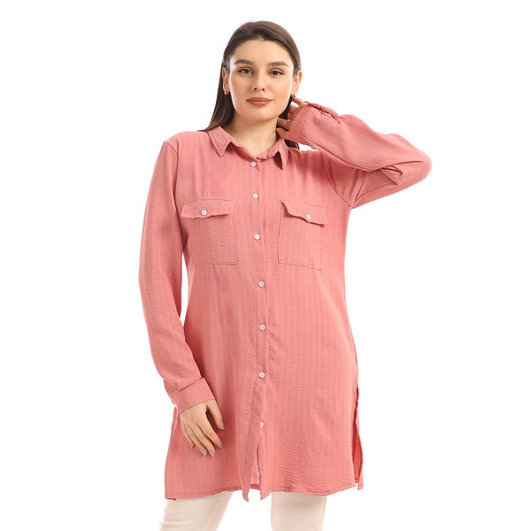 Chest Flap Pockets Solid Buttoned Shirt - Dusty Rose