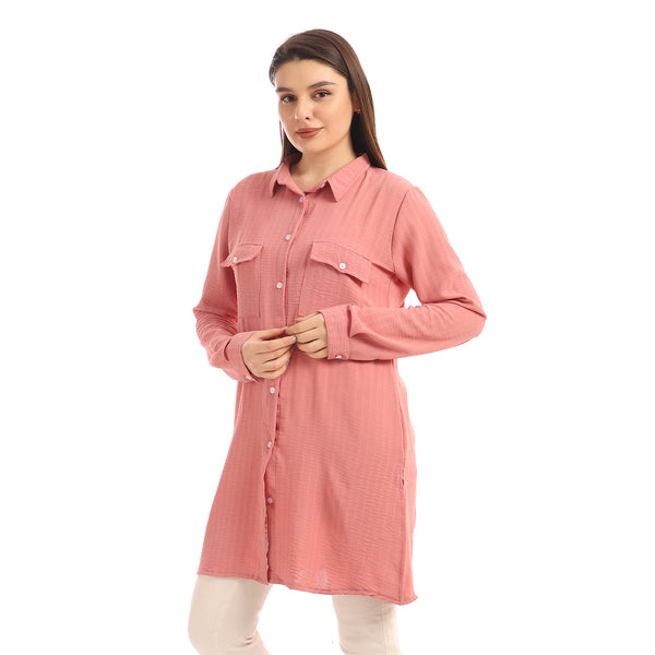 Chest Flap Pockets Solid Buttoned Shirt - Dusty Rose