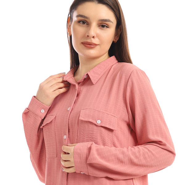 Chest Flap Pockets Solid Buttoned Shirt - Dusty Rose