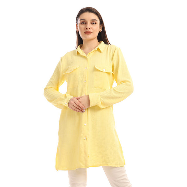 Chest Flap Pockets Solid Buttoned Shirt - Light Yellow