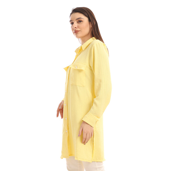 Chest Flap Pockets Solid Buttoned Shirt - Light Yellow