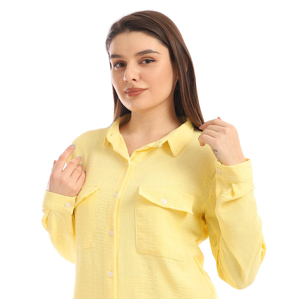 Chest Flap Pockets Solid Buttoned Shirt - Light Yellow
